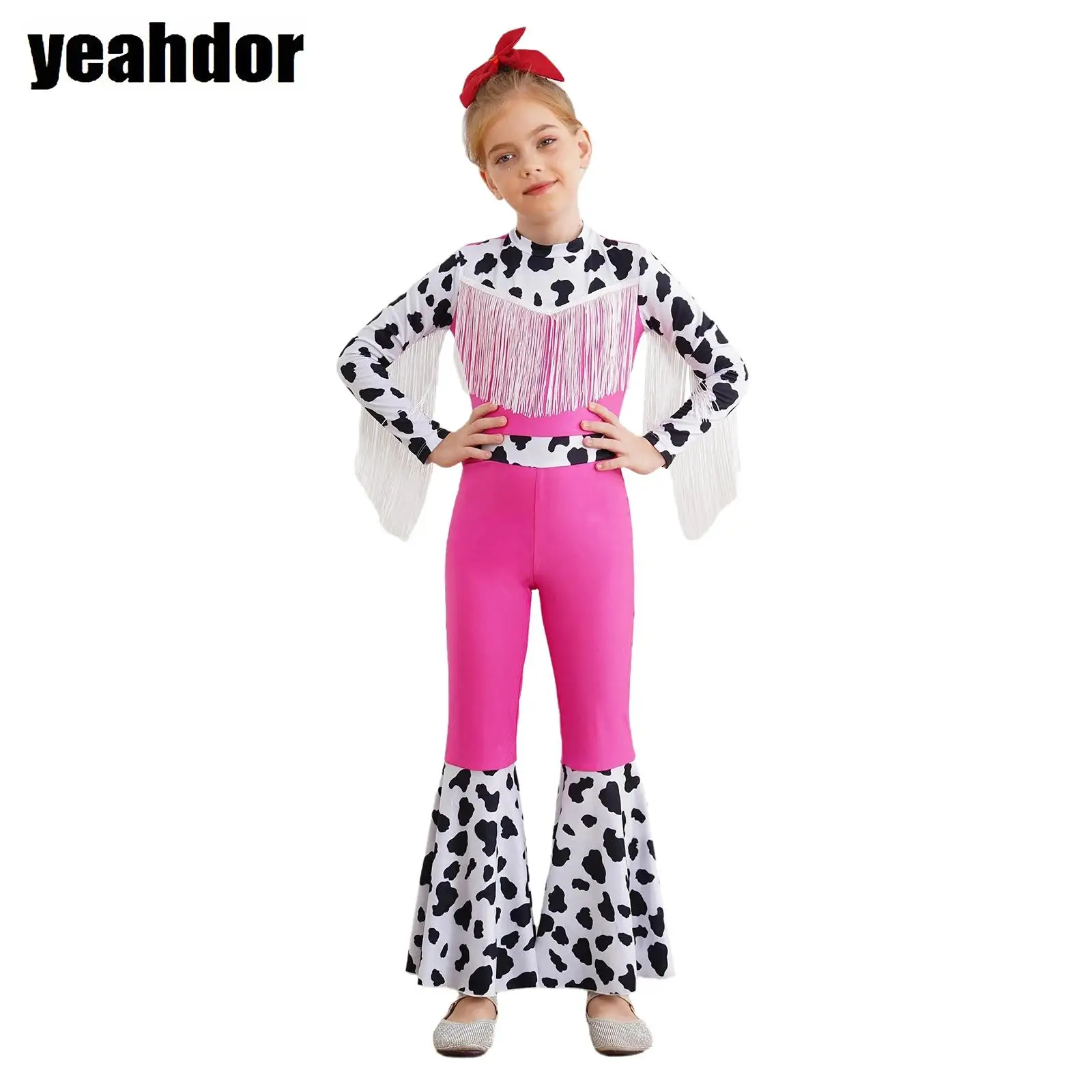 

Girls Western Cowboy Costume Long Sleeve High Waist Cowgirl Bodysuit Fringe Cow Print Flared Jumpsuit Halloween Fancy Dress Up