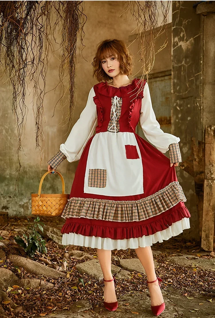 Lace Patch Lolita Little Red Riding Hood Long Dress Cosplay Costume Suit With Cape For Girls Woman Party Costumes