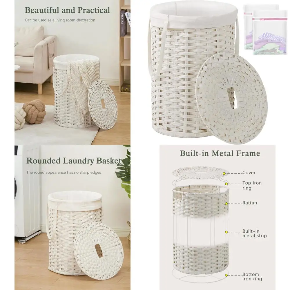

19 Gallon White Wicker Laundry Basket with Lid and Removable Mesh Liners for Home Storage