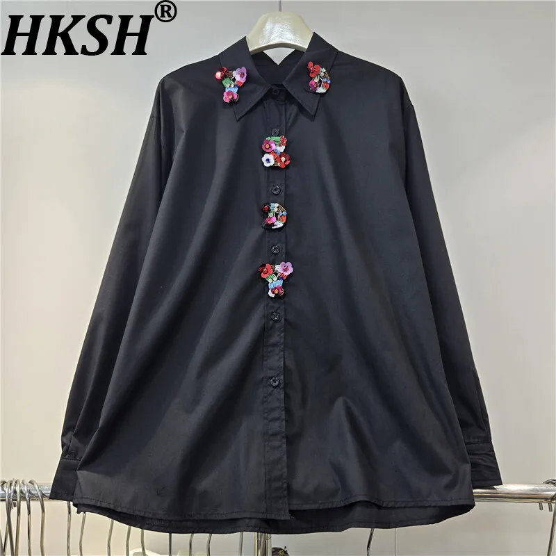 

HKSH весна осень новая женская рубашка тяжелая ремесленная трехмерная цветочная блестка однобортный универсальный топ Ins блузка HK13286
