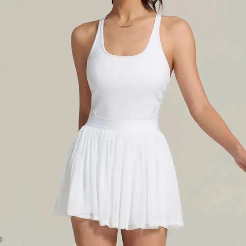 Women'S Square Neck Mesh Hem Tennis Dress Built In Bra And Shorts Racerack Workout Golf Athletic Dress With Pocket