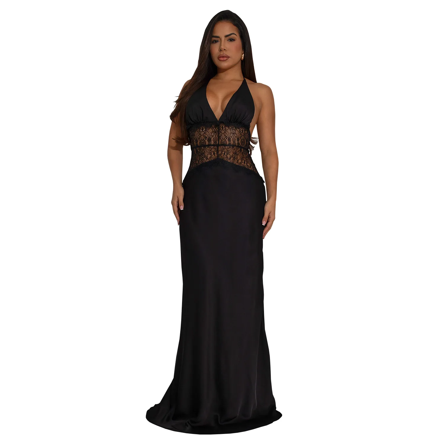 EINY エレガントでセクシーなディープ V ネックバックレスレースパッチワークサテンドレス女性のためのホルターネックノースリーブロングプロムパーティーイブニングドレス Traf