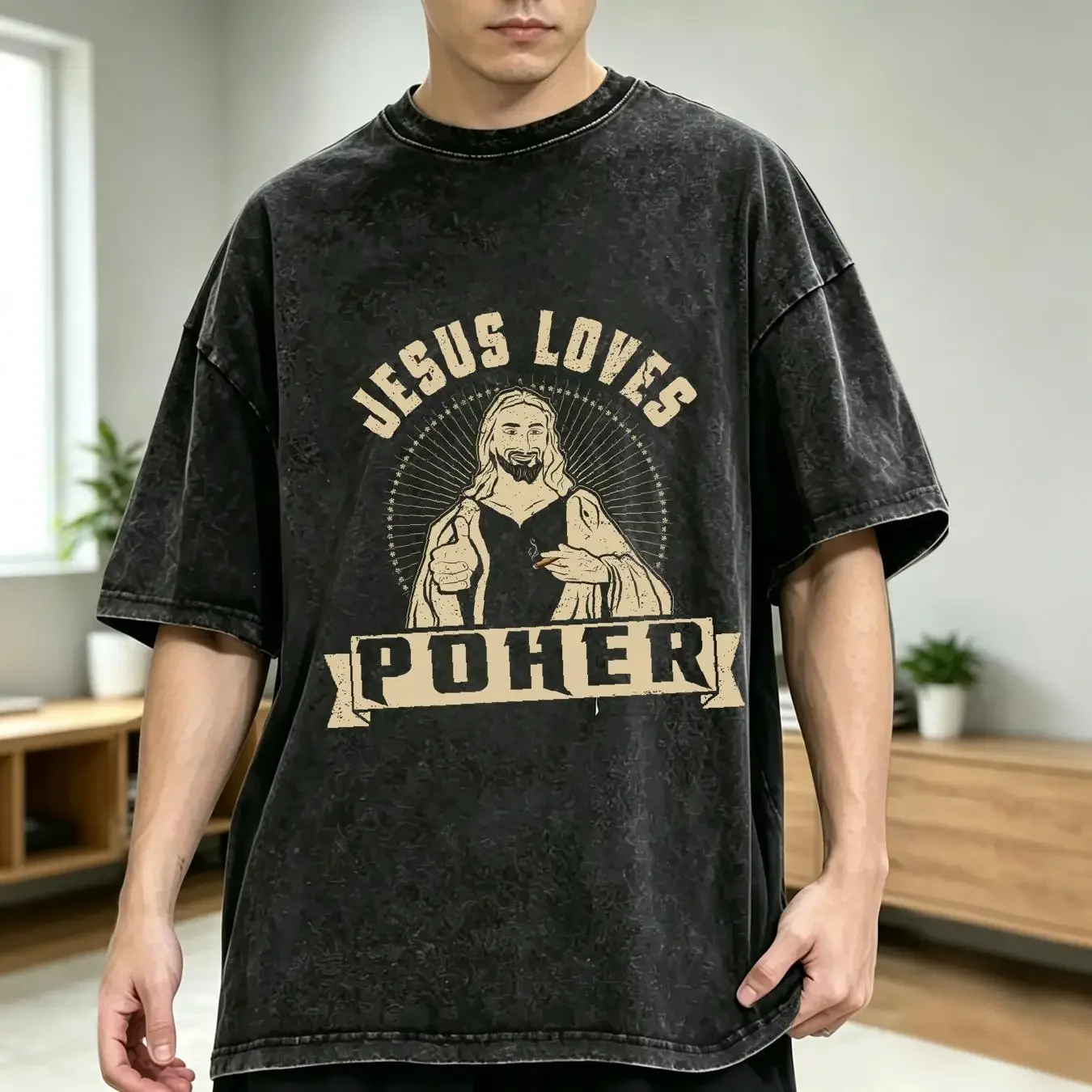 washed T Shirt BEST TO BUY Jesus Loves Poker Card Game Cigar Novelty Classic vintage Washed Stylish Soft Top For Everyday Wear