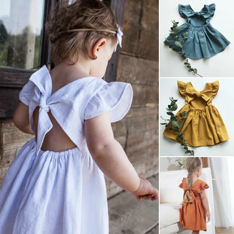 Kids Tales Essentials Baby Girls Dress Flying Sleeve Ruffles Cotton Backless Linen Newborn Infant Princess Dress Party Dresses