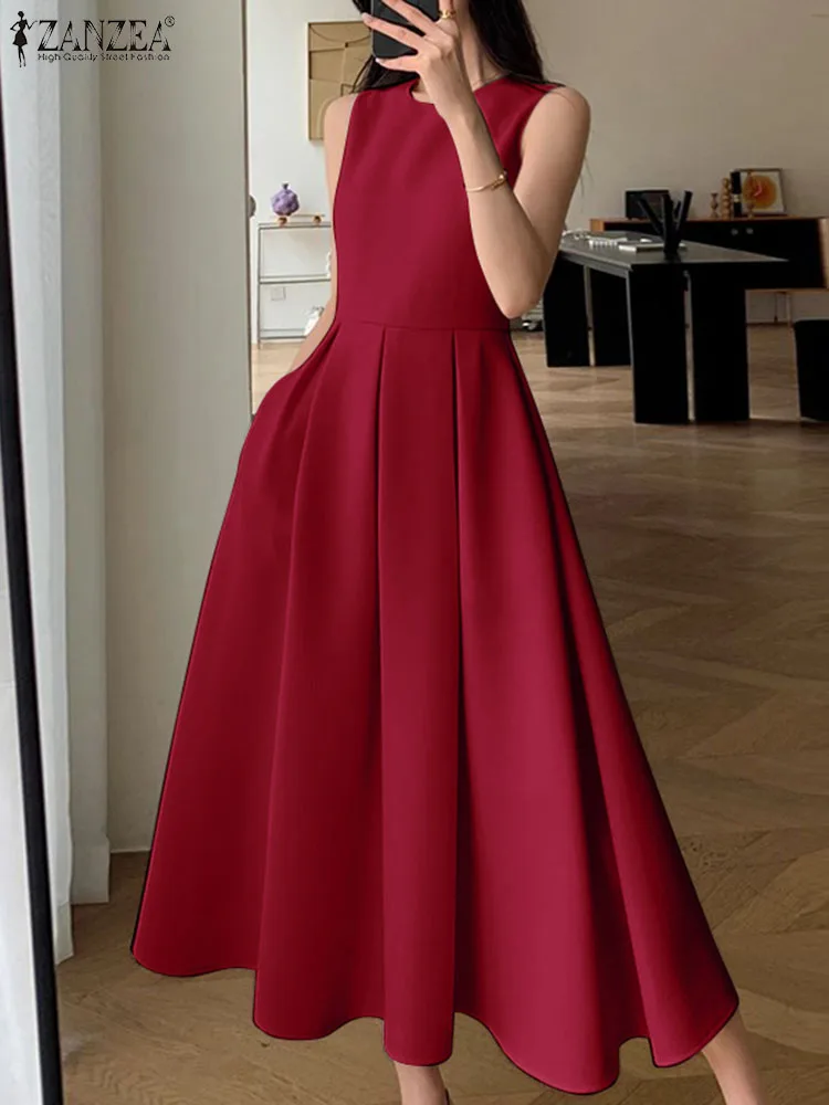 ZANZEA Women Sleeveless Pleated Dress 2024 Summer Korean A-line Tank Evening Dress Elegant Swing Vestido Vintage Party Long Robe