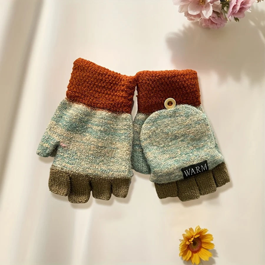 Women's warm cashmere knitted convertible gloves with half finger design, windproof and warm, casual elastic fit, buckle closure