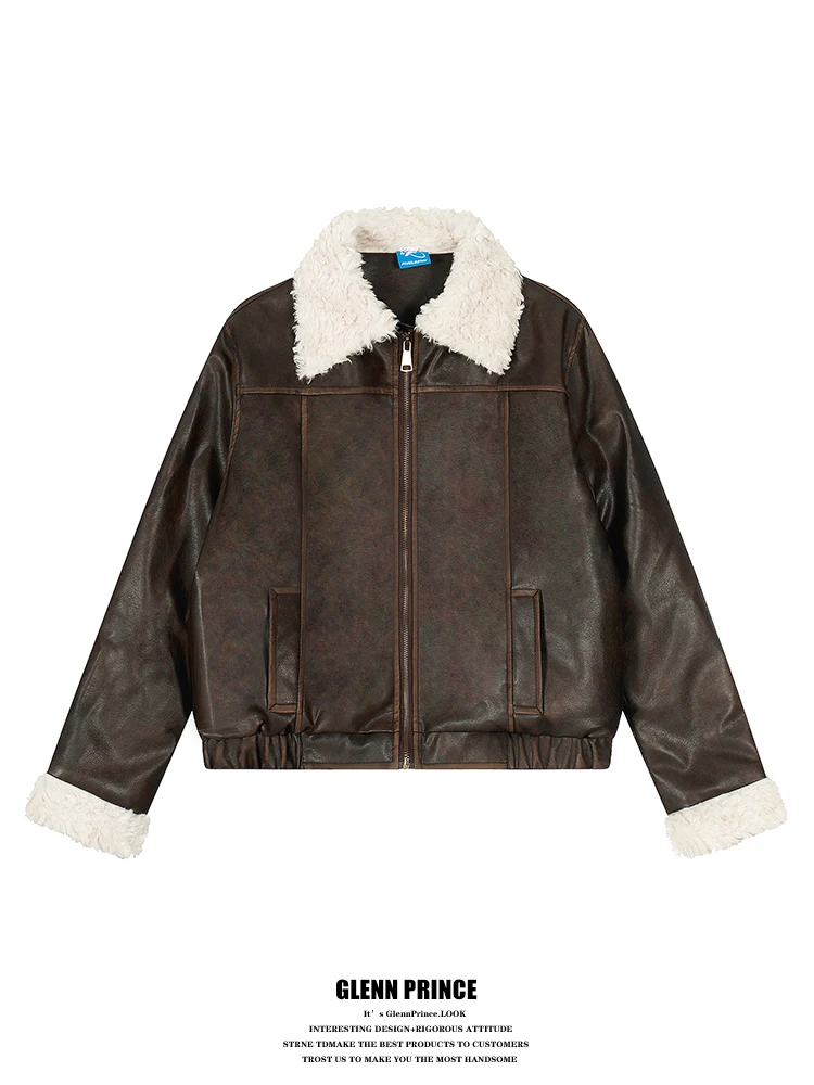 

Warmth Men's Cotton Jaet Quilted Leather Coat ort Sle Fur Collar American Retro Motorcycle Sle Winter Outerwear