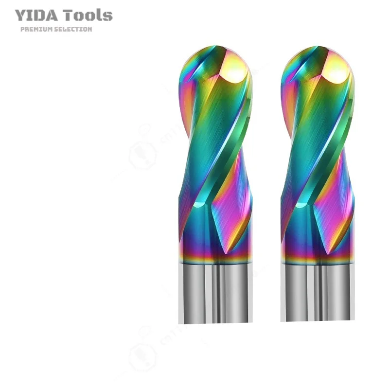 HRC55 Rainbow Coated 2 Flute Extended Ball Nose Cutter Smooth Cutting Deep Cavity Aluminum CNC Forming Machining