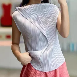 Miyake Pleated Sleeveless T-shirt 2024 Autumn New Design Women's Solid Color Splicing Button Top V Neck Sleeveless Vest