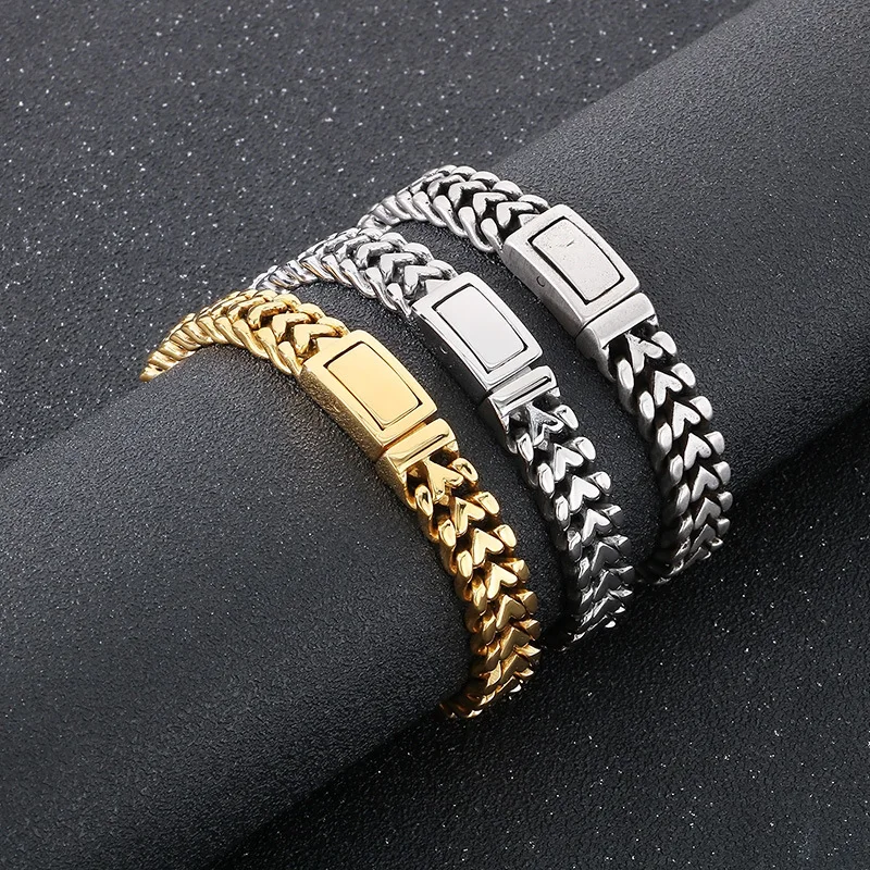 11mm Punk Gold Color Love Heart Cuban Chain Bracelet Men Women Hiphop Rock Old Shiny Stainless Steel Biker Bike Bangle Jewelry