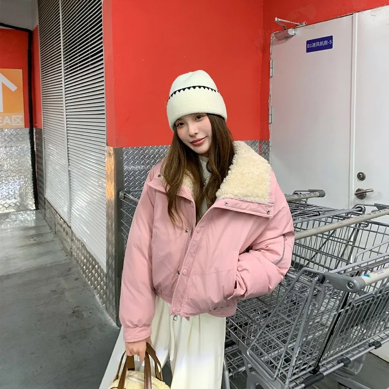 

Shearling Collar Parka Short Cotton Jacket Women's Winter Clothing Warm High-Waisted Thickened Puffer Jacket Trend Parkas