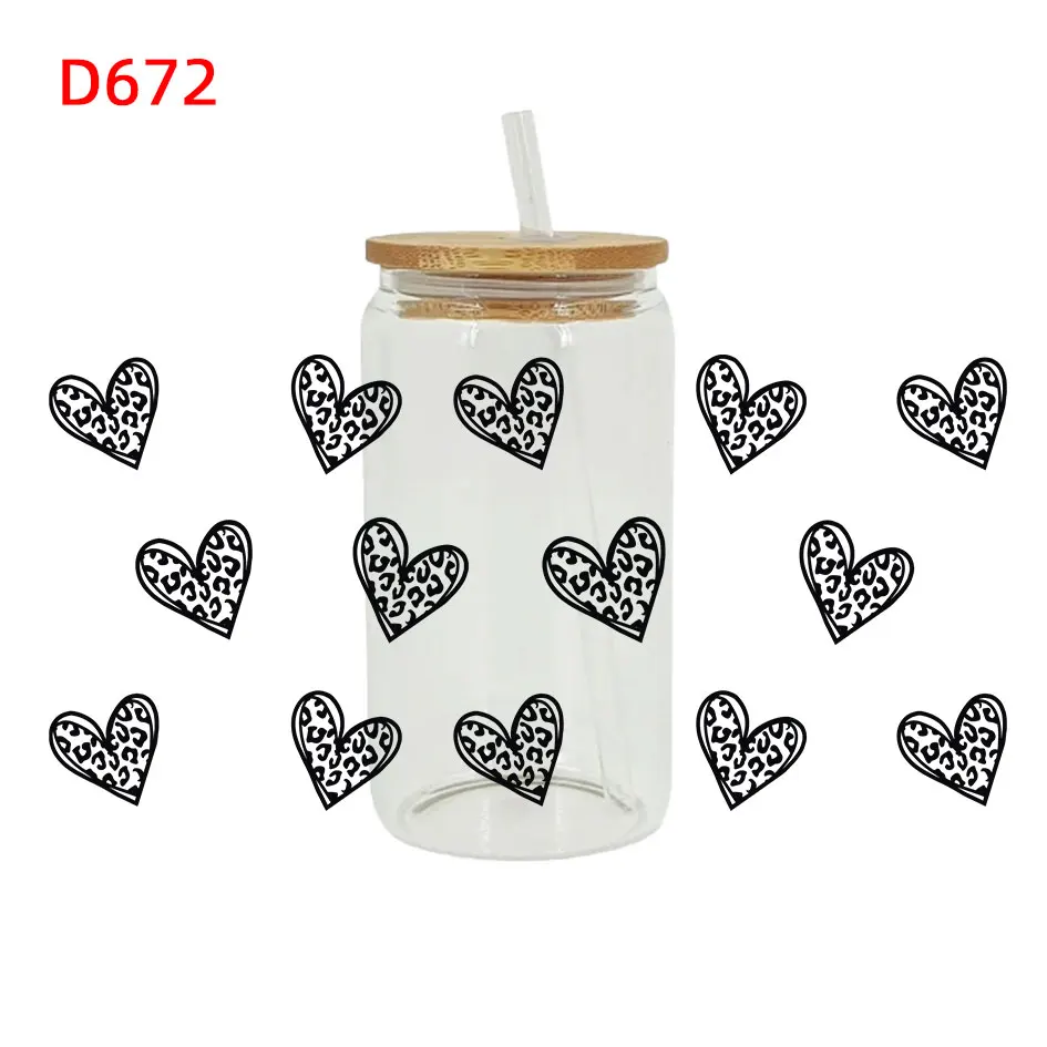 Fer d'enveloppement de tasse Uv Dtf de coeur sur le transfert pour le verre 16oz D675