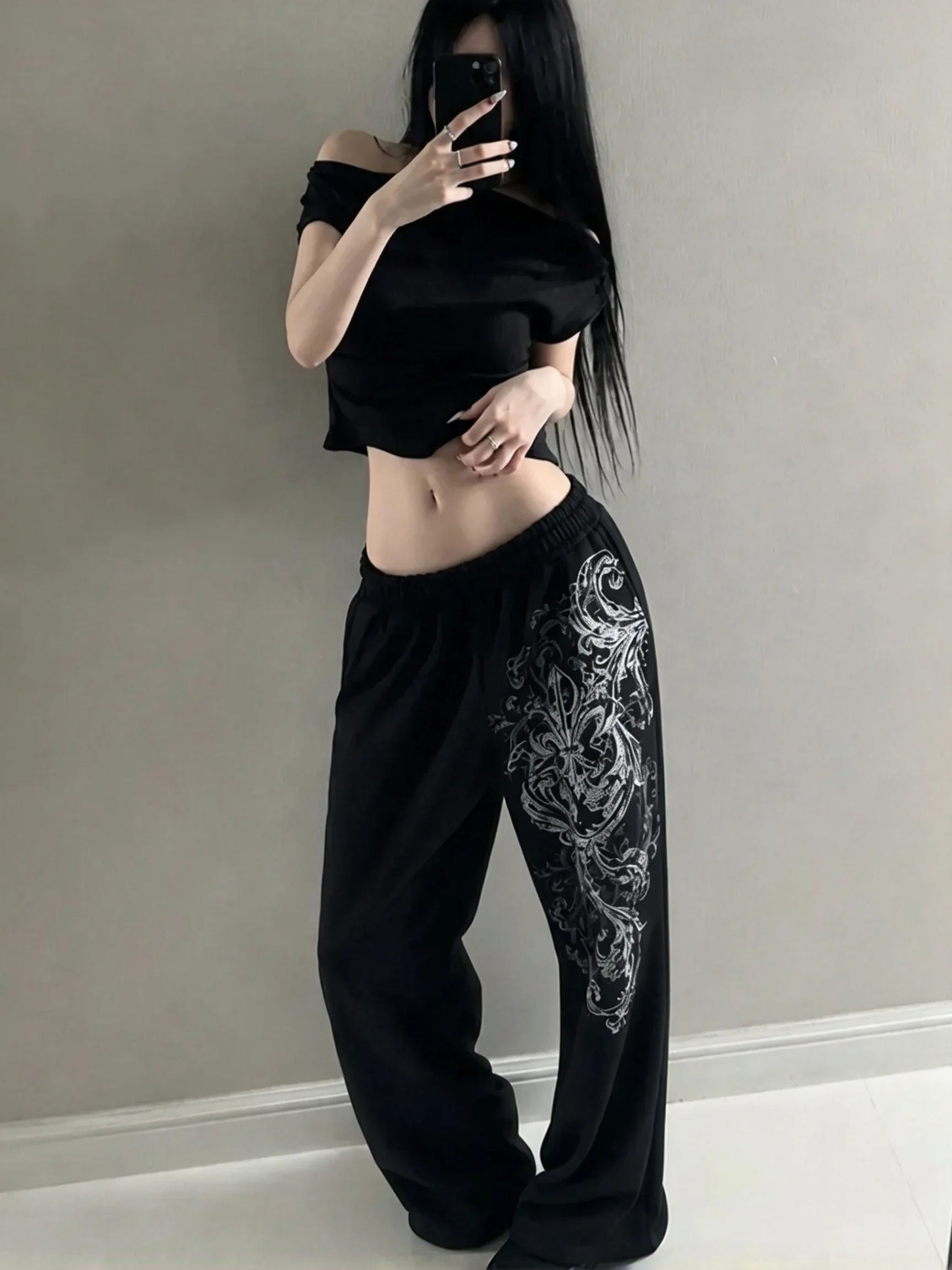 Women Black Silver Tribal Fleur De Lis Print Wide Leg Sweatpants Elastic Waist Oversized Loose Streetwear Casual Lounge Trousers