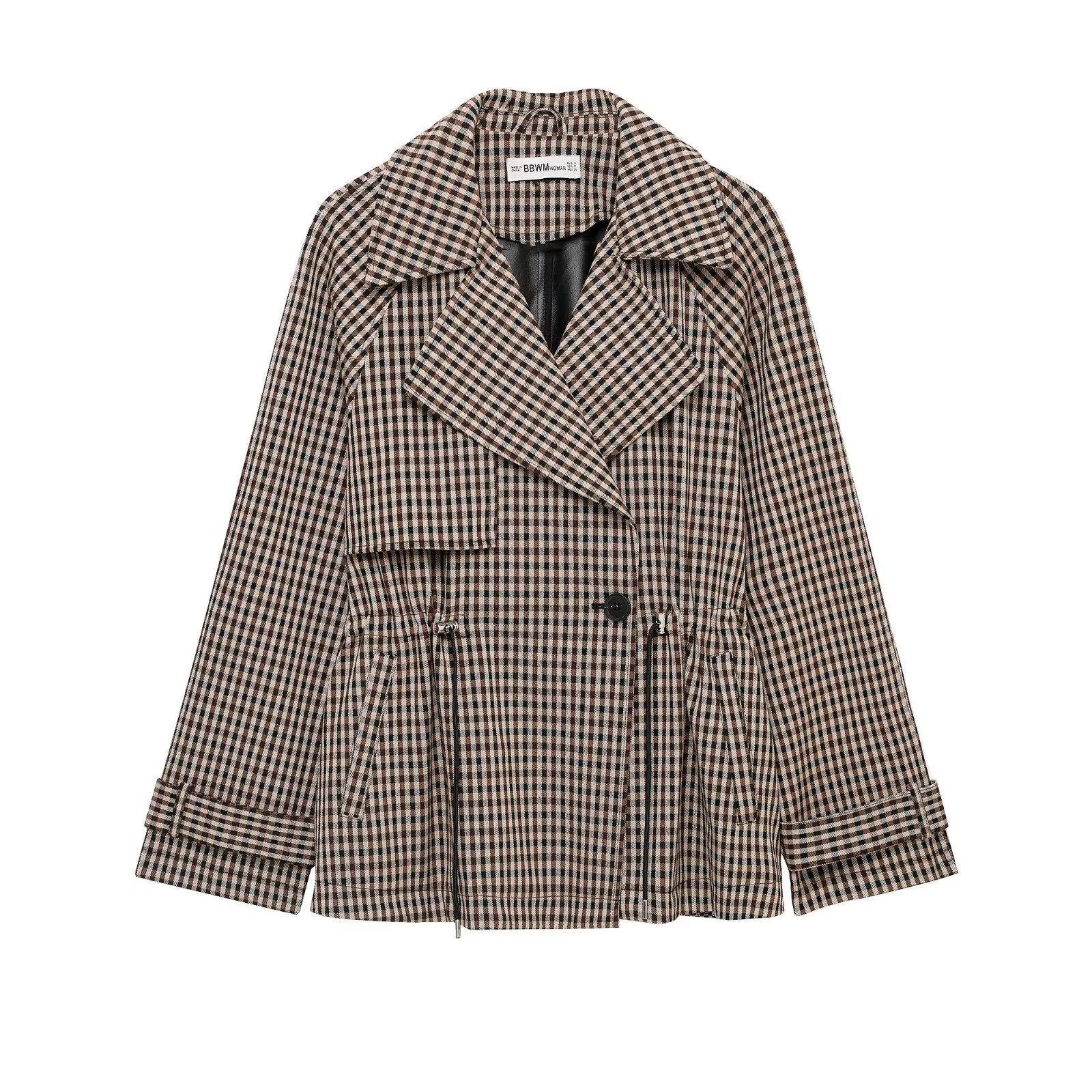 European and American style autumn new women's clothing design sense versatile plaid double breasted trench coat jacket