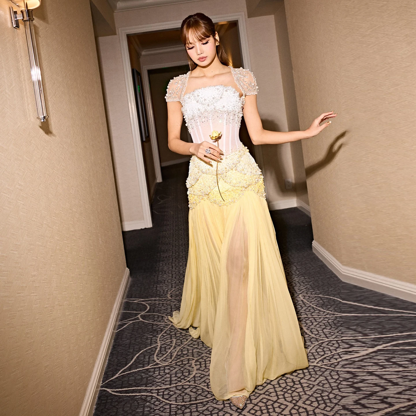 Sharon Said Elegant Yellow White Chiffon Evening Dress with Cape Long Sleeves Yellow Women Wedding Party Gowns SS286 Customized