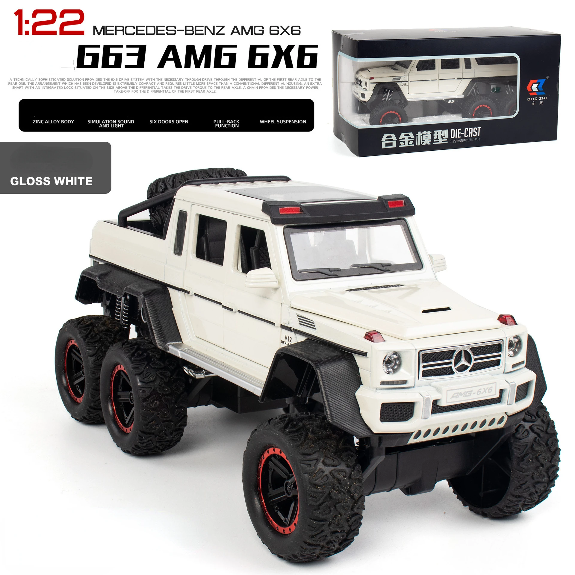 1:22 Mercedes-Benz G63 AMG 6X6 Pojazd terenowy SUV Alloy Model samochodu Diecast Symulacja Dźwięk Światło Zabawki Samochód Dzieci Prezenty A72