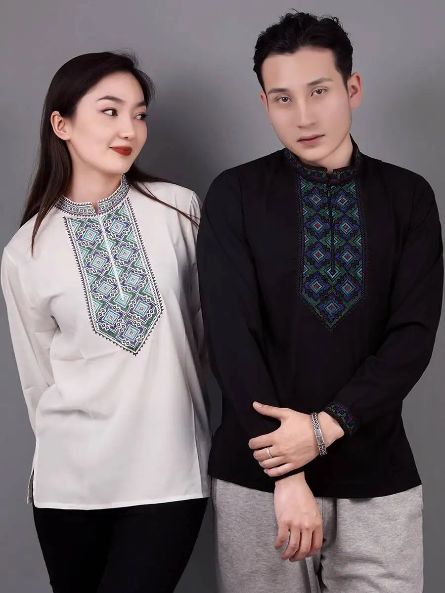 Синьцзян-уйгурская свободная футболка больших размеров с длинными рукавами, рубашка с воротником-стойкой, мужская танцевальная одежда, крутая дышащая одежда