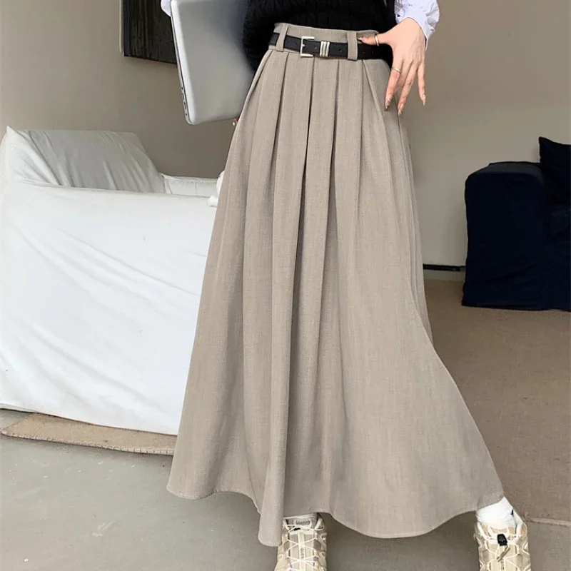 2024 New Women Solid Color Versatile Mid-length Pleated Skirt Large Swing Type Skirt Female Long Skirts for Women