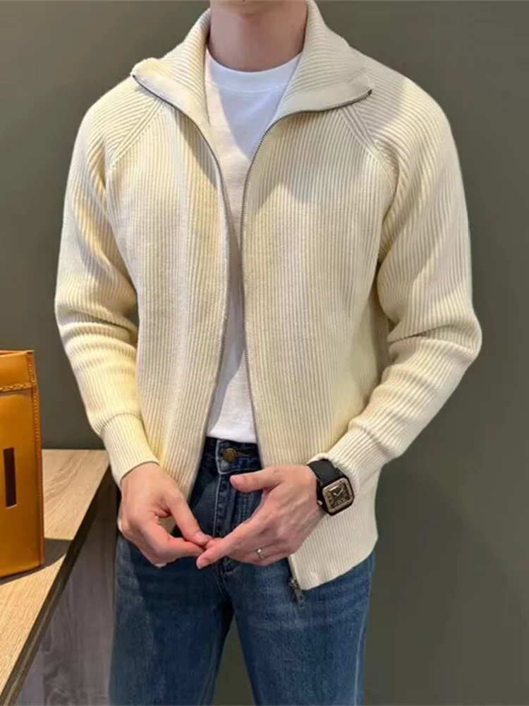 Fashionable Solid Color Stand Collar Outerwear Mens Autumn Warm Knit Long Sleeve Coats Vintage Loose Ribbed Knitted Cardigan