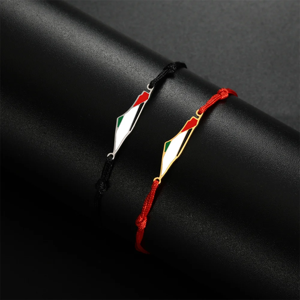 My Shape Palestine Map Flag Bracelets Red Black Braid String Rope Stainless Steel Charms Country Geography Map Bangle Jewelry