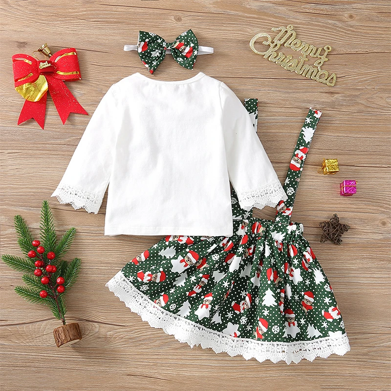 

Toddler Girl Ruffle Sleeve Floral Print Top and Denim Skirt Set Long Sleeve Round Neck High Waist Suspender Christmas Lace