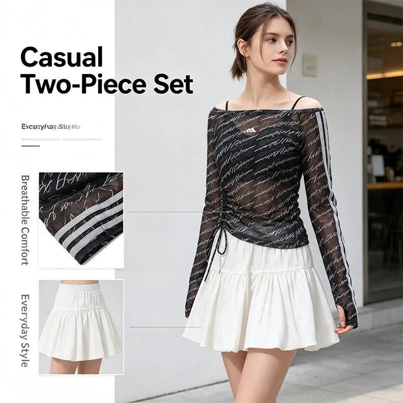 Adidas Authentic Striped Long Sleeve Top White Mini Skirt Set Women Casual Two-Piece Outfit Soft Knit Everyday Wear Ks5308