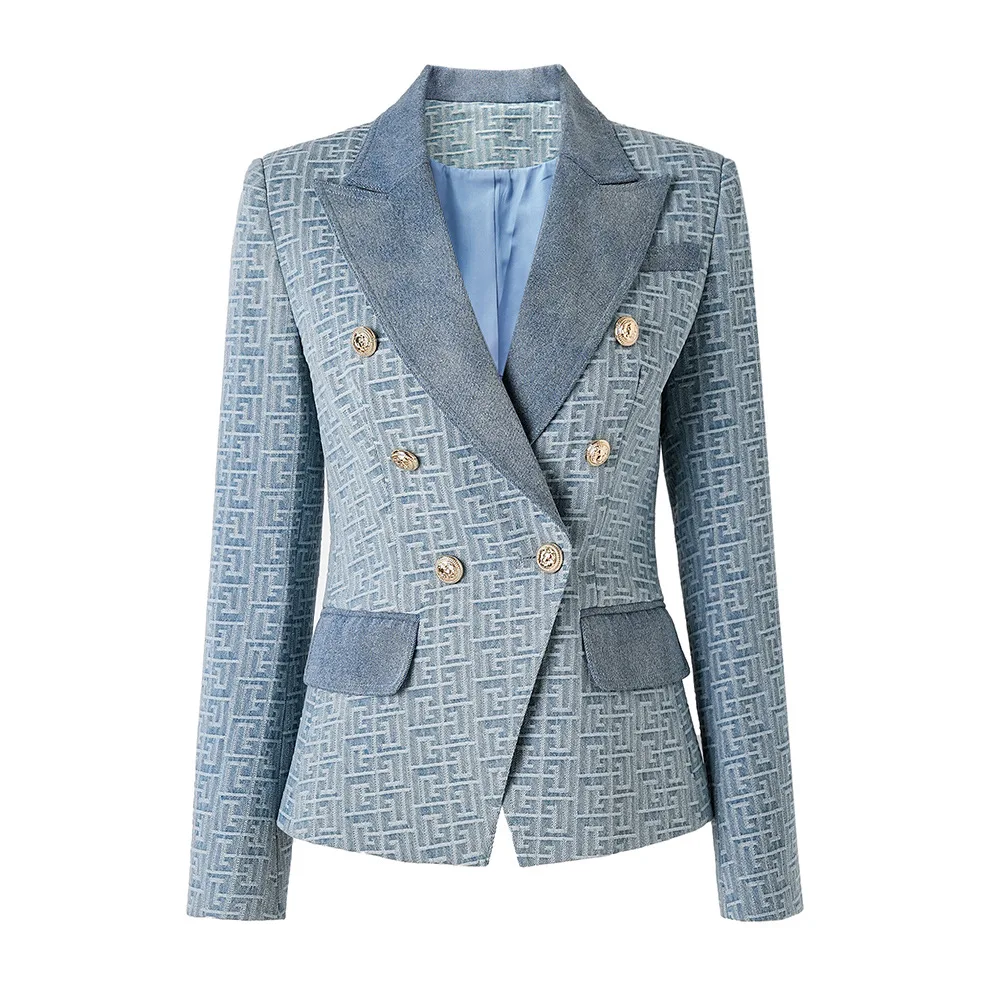 

2024 Women's Modern Blazers Spring Autumn Denim Patchwork Jacquard Marquee Women Blazer Metal Lion's Head Buckle Slim-fit Suit