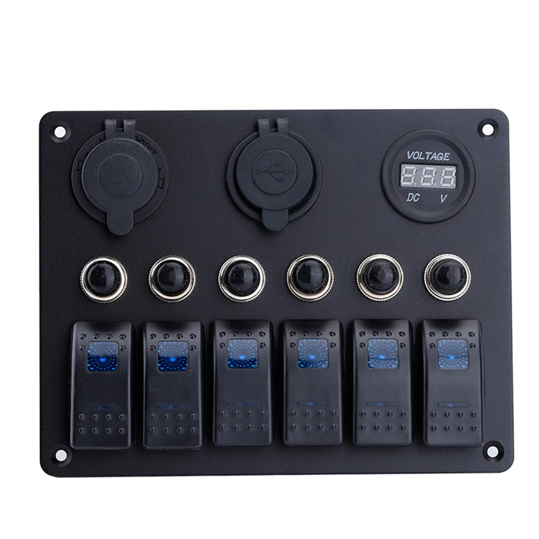 

6 Ports on Off LED Light Toggle Waterproof Marine Rocker Switch Panel USB Car Power Socket with Voltmeter Overload Protector