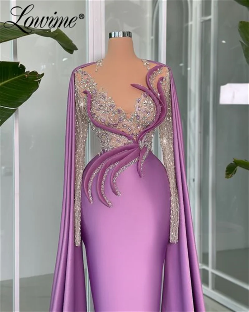 Lowime Purple Bespoke Occasion Dresses Satin Elegant Robe De Soirée 2024 Cape Sleeeve Beaded Prom Dresses Aso Ebi abiti da sera