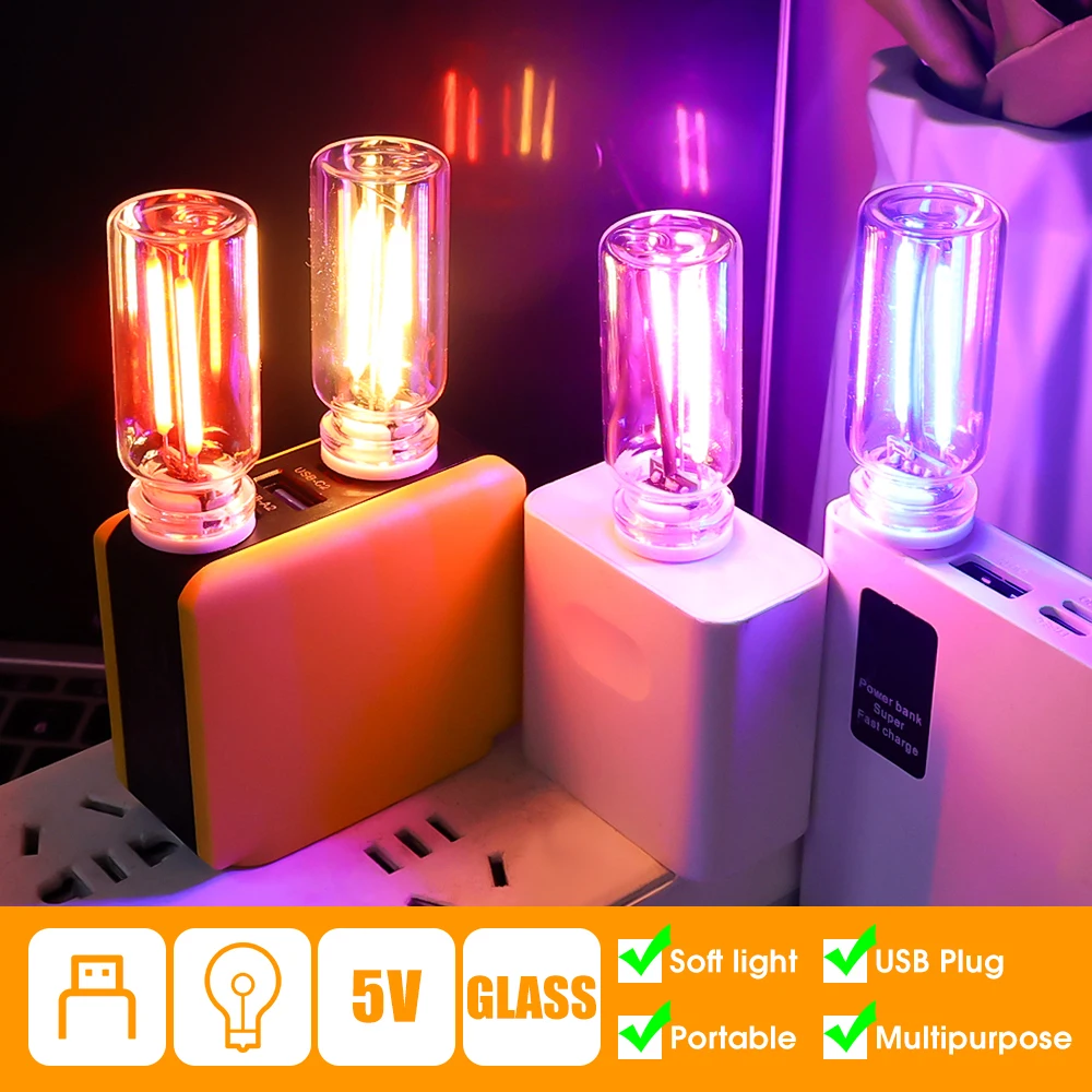 Car Night Light LED Retro USB Romantic Atmosphere Glass Bottle Filament Lamp Portable Lighting Plug Play Mini Creative Gifts