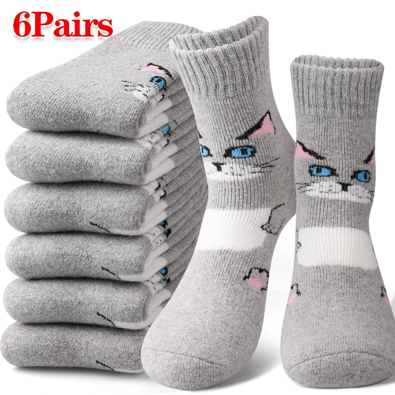 6Pairs Winter Wool Socks Women's Soft Cozy Warm Cute Cat Pattern Design Plush Mid-Tube Socks Outdoor Sports Skiing Hiking Gifts