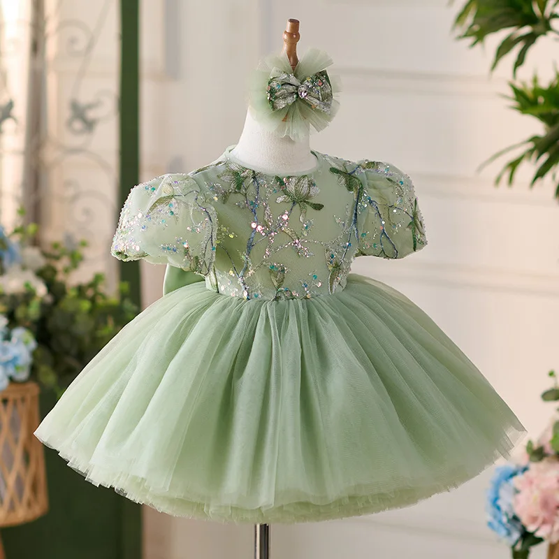 

2024 New Fluffy Girls Bow Princess Dress sequin embroidery Baby Birthday Dresses Teen Ball Gown Dres Children Wedding Clothing