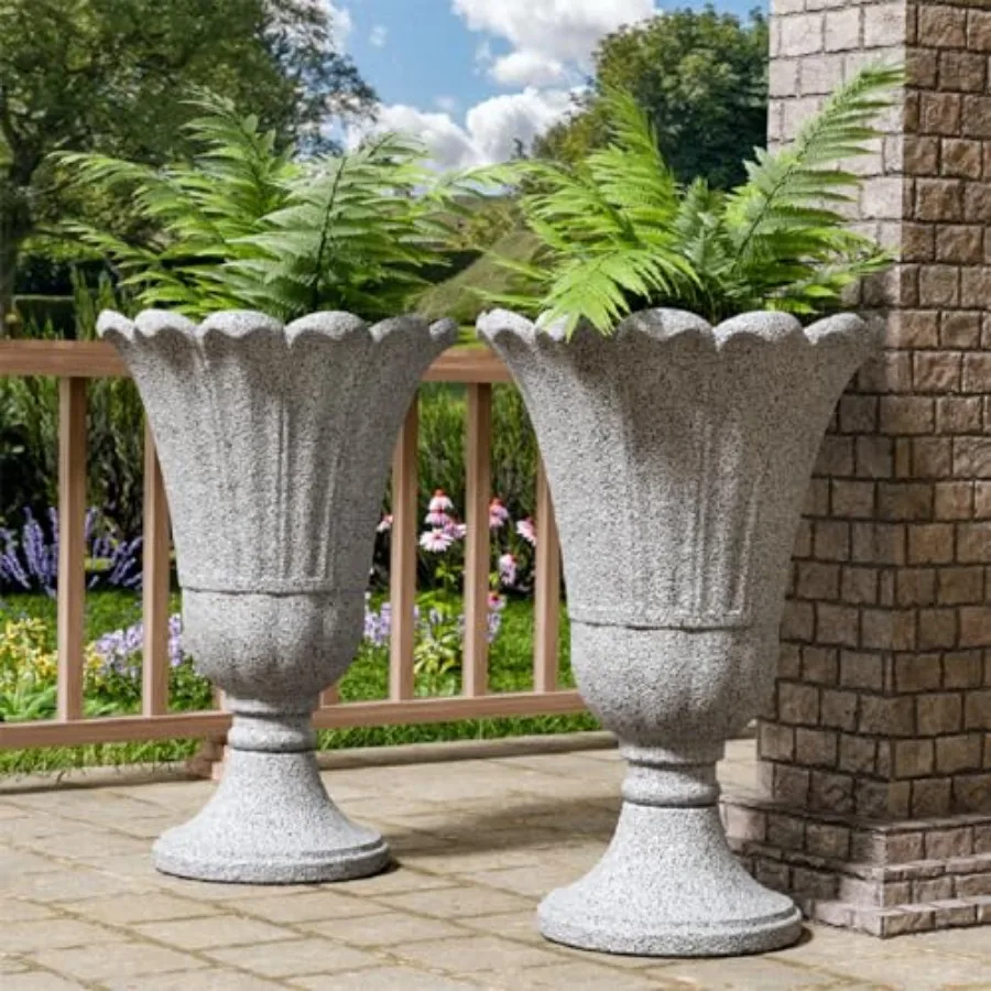

Outdoor plastic urn planters set of 2 23.6 tall grey heavy-duty classic design with drainage holes and petal detail for porch a