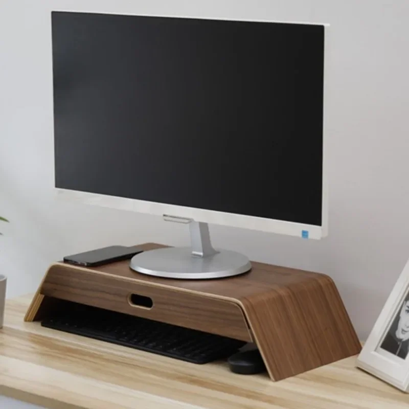 Walnut Wood Computer Rack Elevated Display Stand for IMAC and TV Notebook Storage and Height-Adjusting Cushion Elegant Desktop