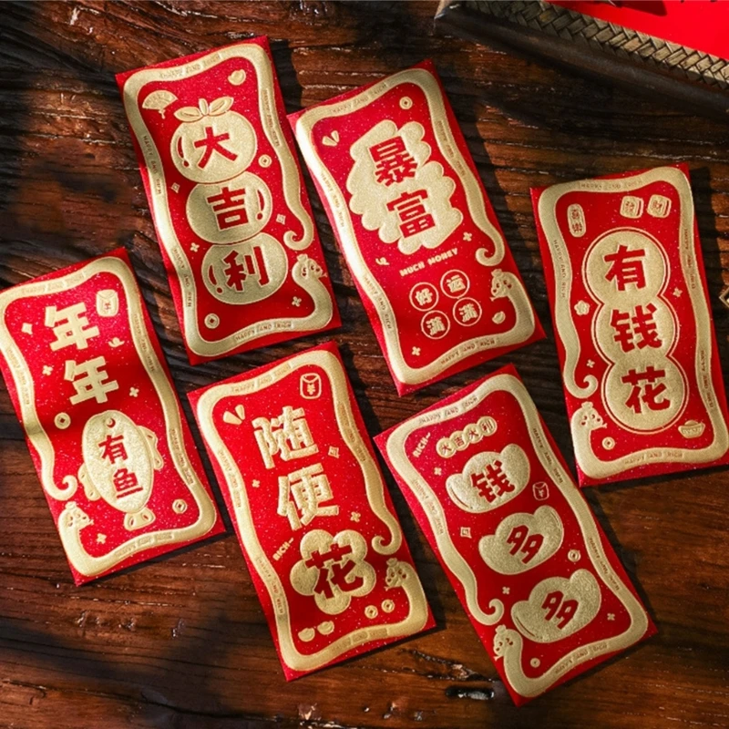 

6Pcs Gold Foil Money Packets Handmade Redness Envelopes for 2025 Spring Festival Dropship