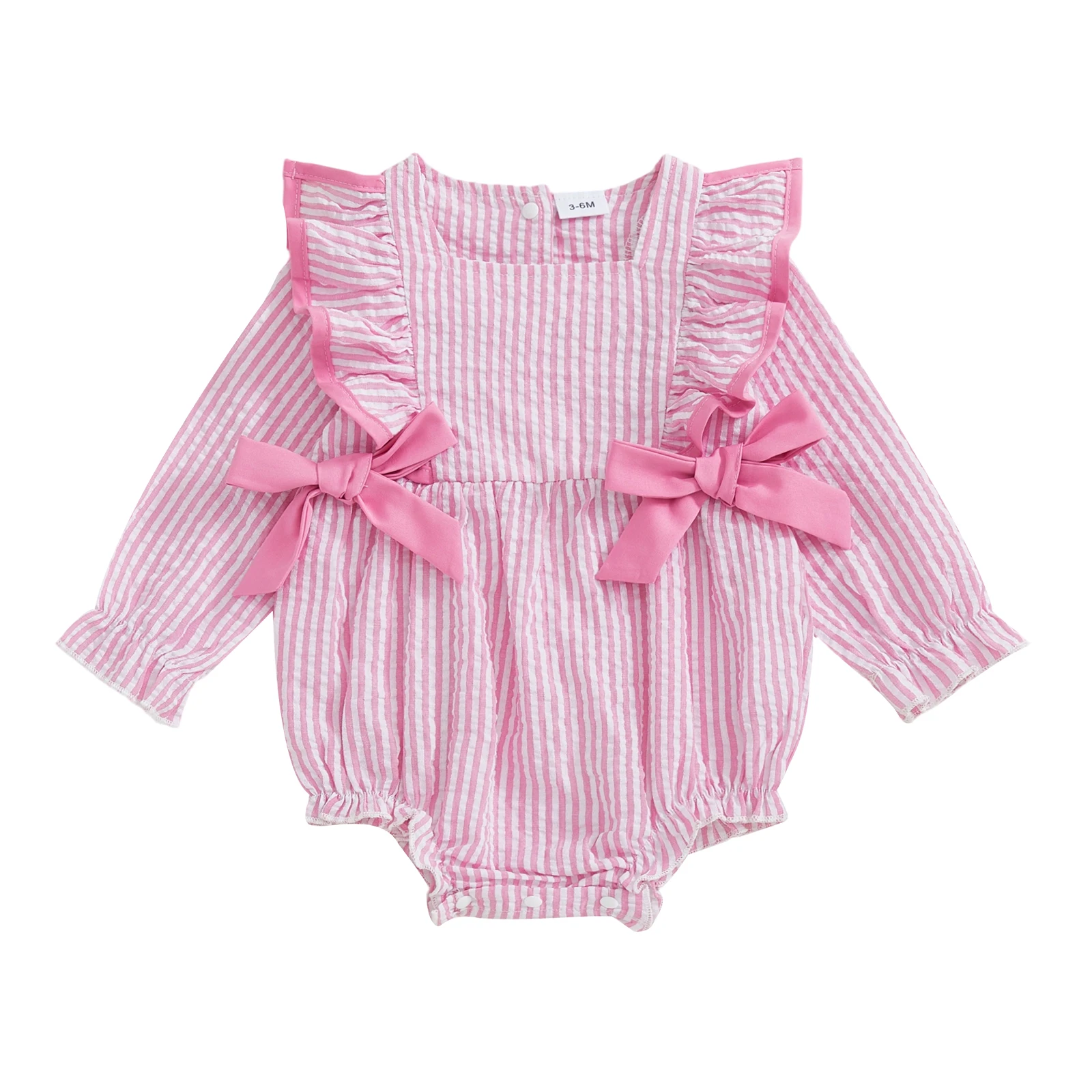 

Baby Girls Fall Romper Stripe Print Ruffled Long Sleeve Square Neck Bubble Jumpsuit