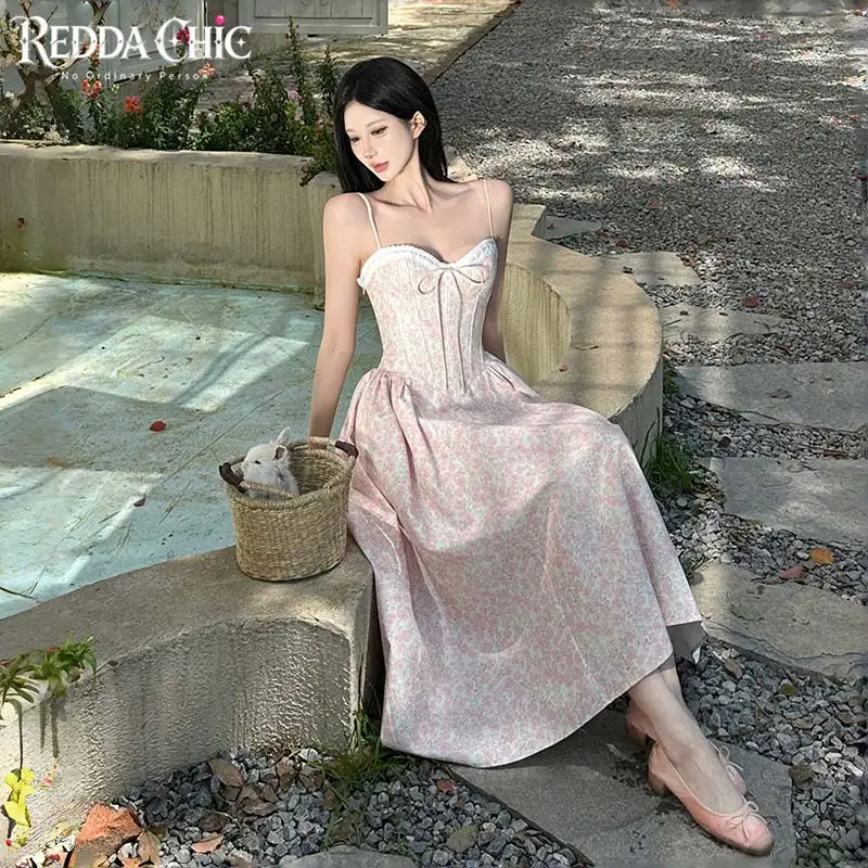 ReddaChic Coquette Floral Spaghetti Strap Dress Women Cottagecore Boned Corset Lace Trim Midi Long Dress Vintage Summer Clothes