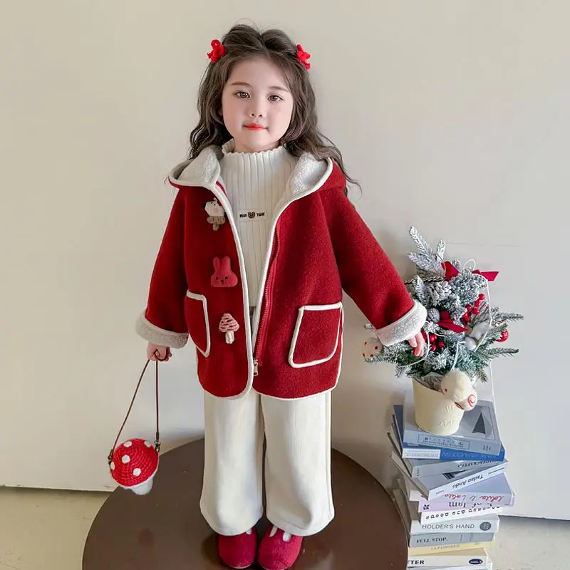 

Утепленное шерстяное пальто на флисовой подкладке для девочек, осенне-зимняя детская зимняя одежда, стильная модная детская одежда