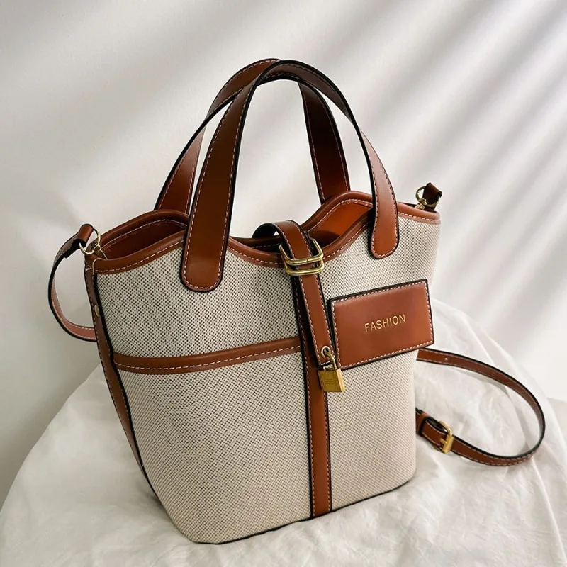 Japanese Korean Trendy Retro Canvas Bucket Handbag for Women, New Fashionable Color-block Crossbody Bag