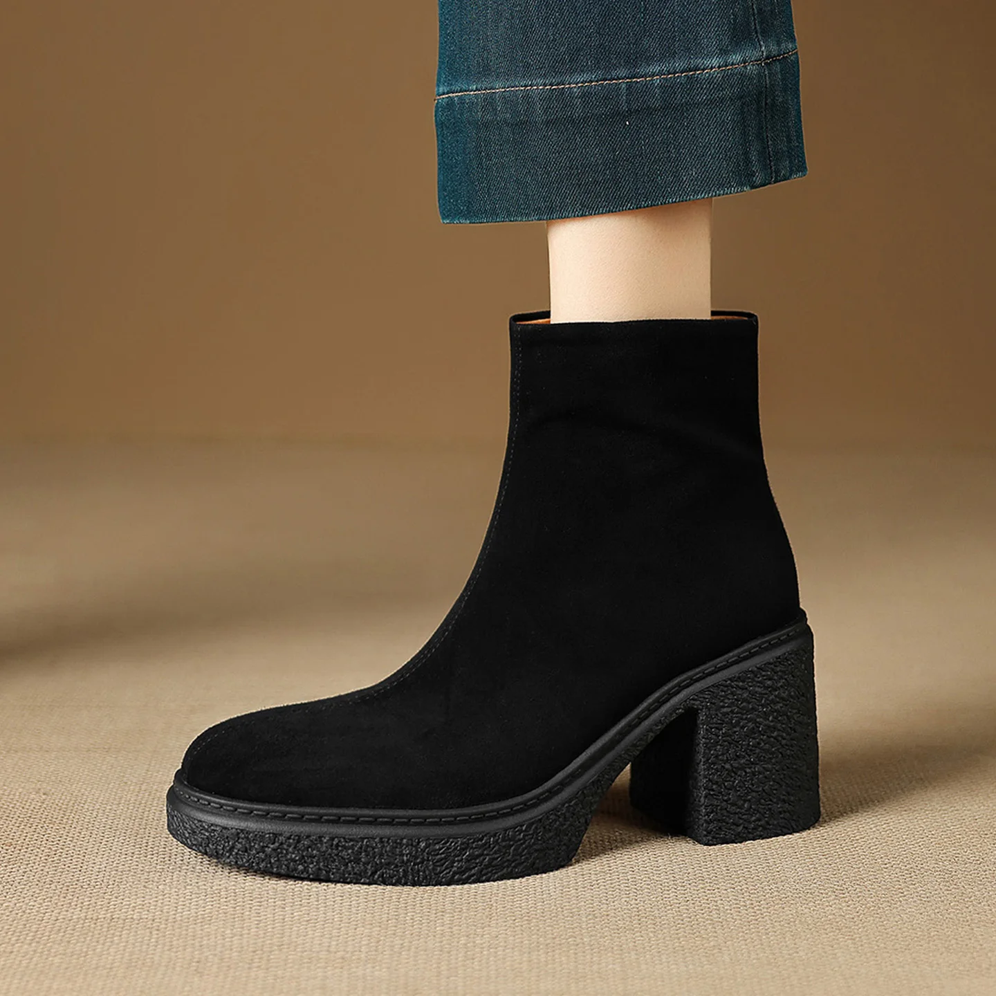 2026 new autumn winter women ankle boots natural leather plus size 22-25cm kid suede round toe thick heel side zip short boots