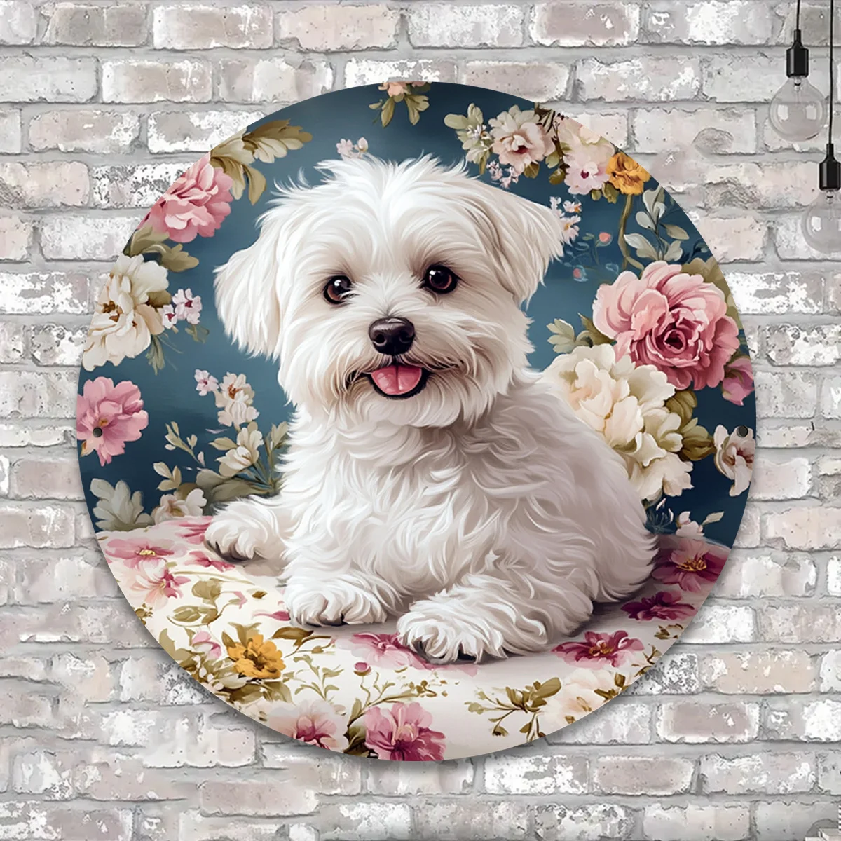 2D Flat, 1pc Vintage Maltese Dog Metal Wall Sign - Round Suitable for Room, Garden, Farmhouse Decor with Cute Maltese Puppy - Al
