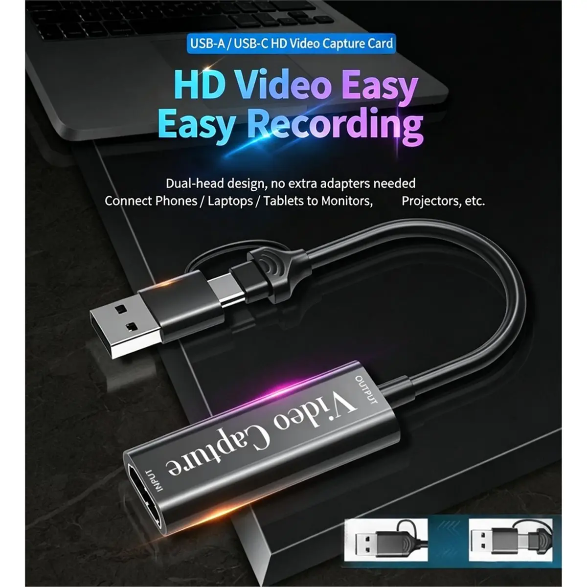 USB3.0 Video Capture Card 4K -Compatible to 1080P 60fps USB/Type C Record Plug and Play for Gamingg Streaming Live