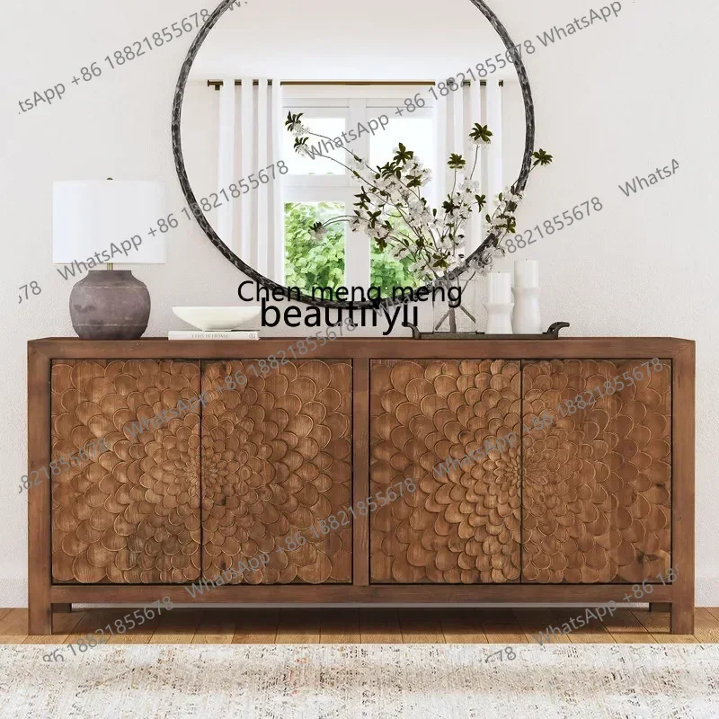 

2003 American retro solid wood carving flower dining side cabinet French entrance TV cabinet antique old storage decorative cabi