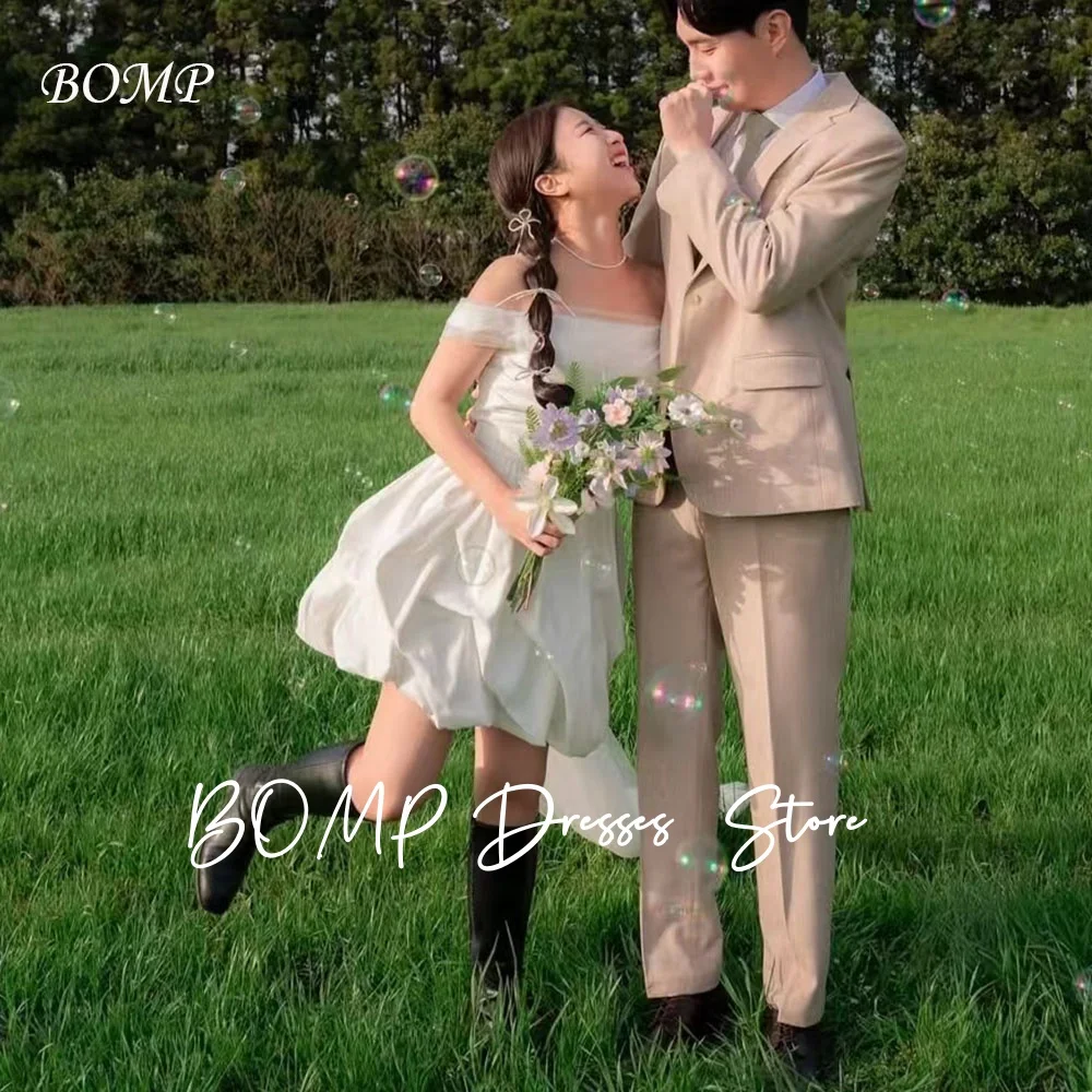 

BOMP Simple Off Shoulder Mini Wedding Party Dress Ivory A-Line Pleat Satin Korea Photo Shoot Bridal Reception Gown Customized