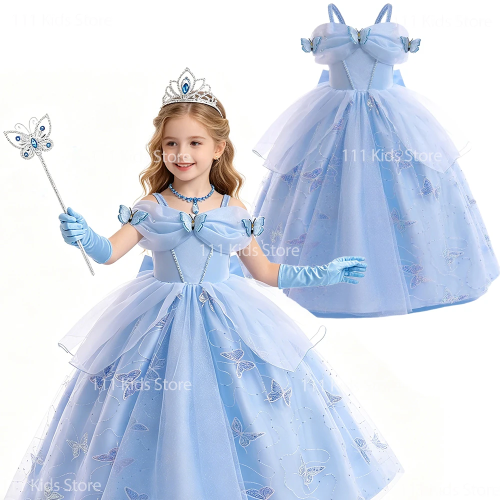 Cinderella Girls Blue Cosplay Costumes Sequin Butterfly Ball Gown Elegant Evening Dress Kids Girl Princess Dress Carnival Outfit