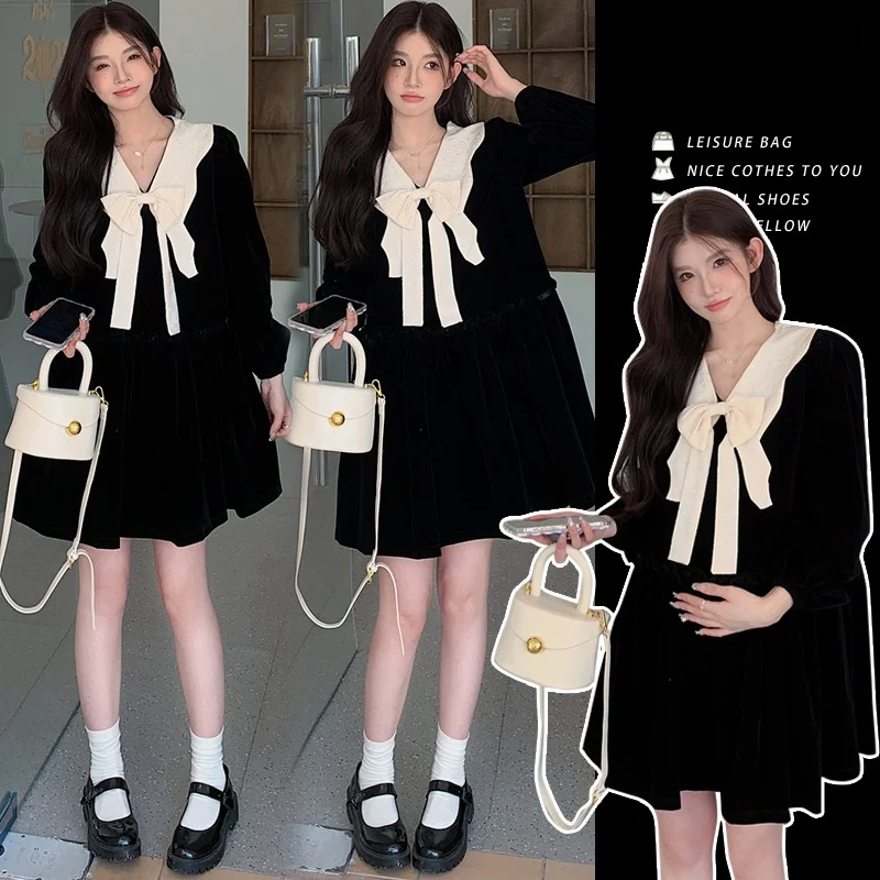 abito-in-velluto-per-la-gravidanza-stile-coreano-maniche-lunghe-scollo-a-v-taglio-ampio-ideale-per-l’autunno-con-dettaglio-a-nodo-comodo-da-indossare-tutti-i-giorni-traspirante