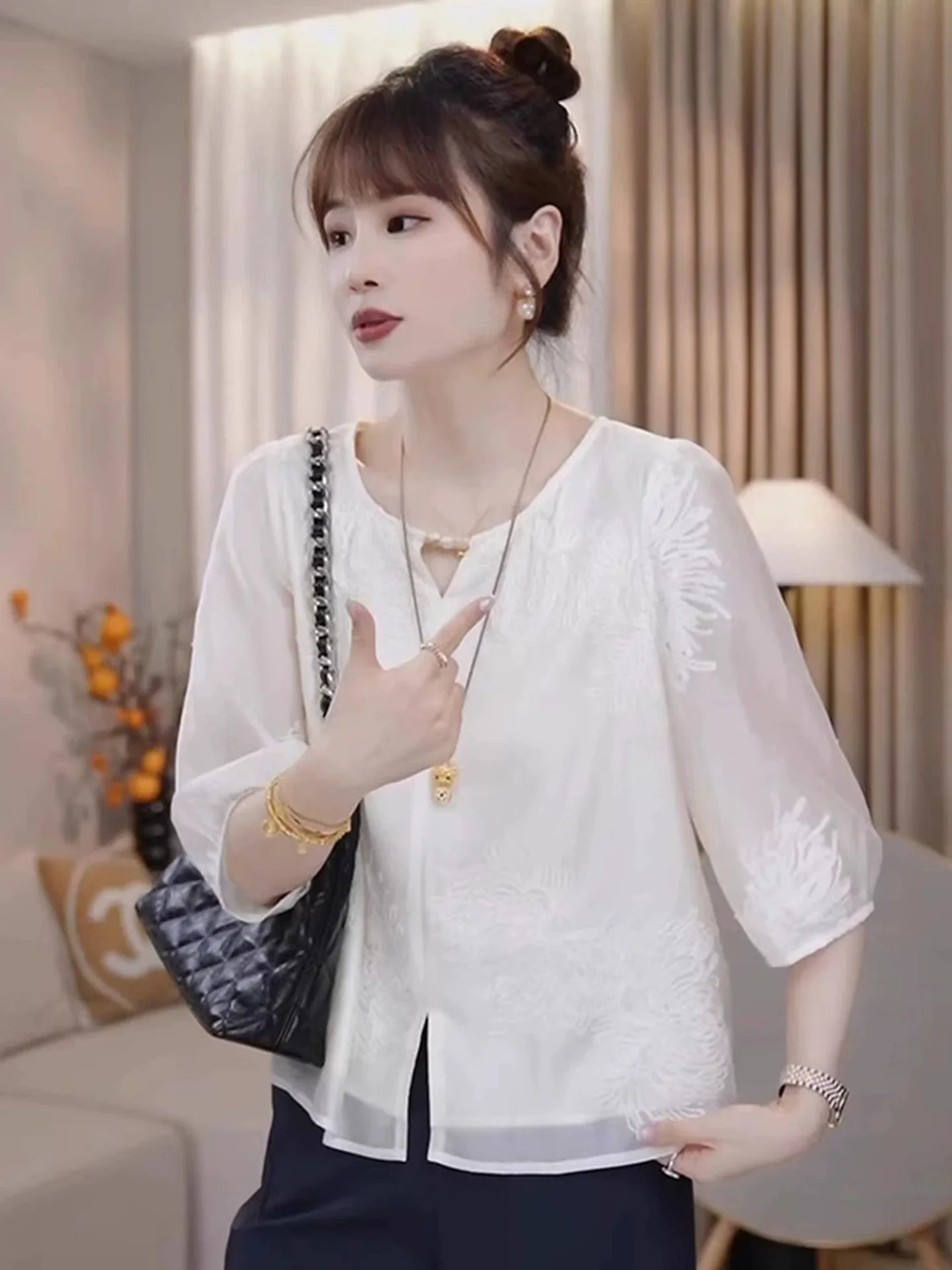 

Faionable Loose Commute irt Women's Summer 2025 Ele Versatile Silk Straight Cut Sle Korean Version Five Sve Length