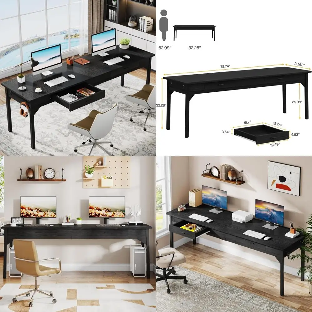 مكتب تنفيذي مزدوج ممتد مقاس 78.7 بوصة مع أدراج تخزين، أسود
