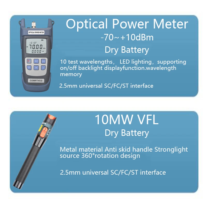 FTTH Fiber Optic Tool Kit with SKL-6C Fiber Cleaver -70~+10dBm Optical Power Meter 10mw Visual Fault Locator Scissors