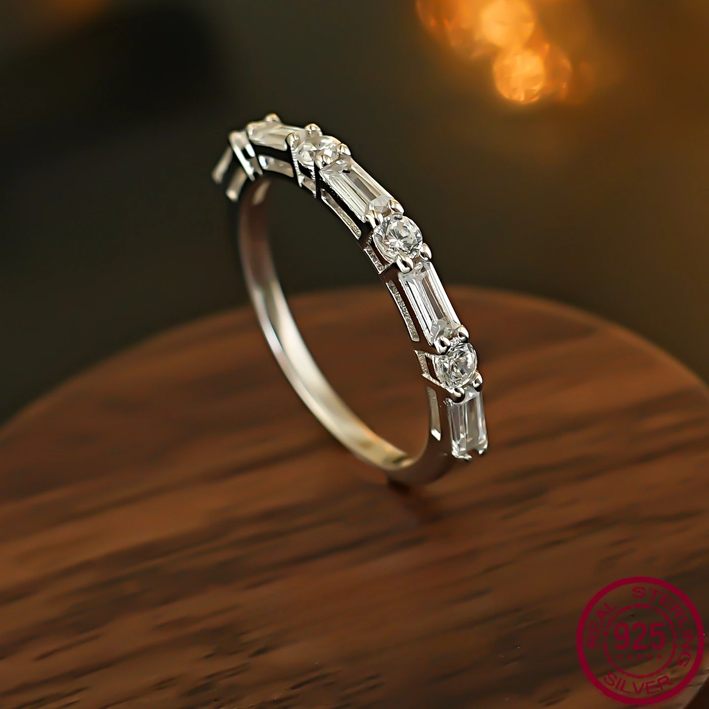 

New emerald diamond S925 silver ring, layered with fine lines, ins style, half circle, versatile wedding jewelry